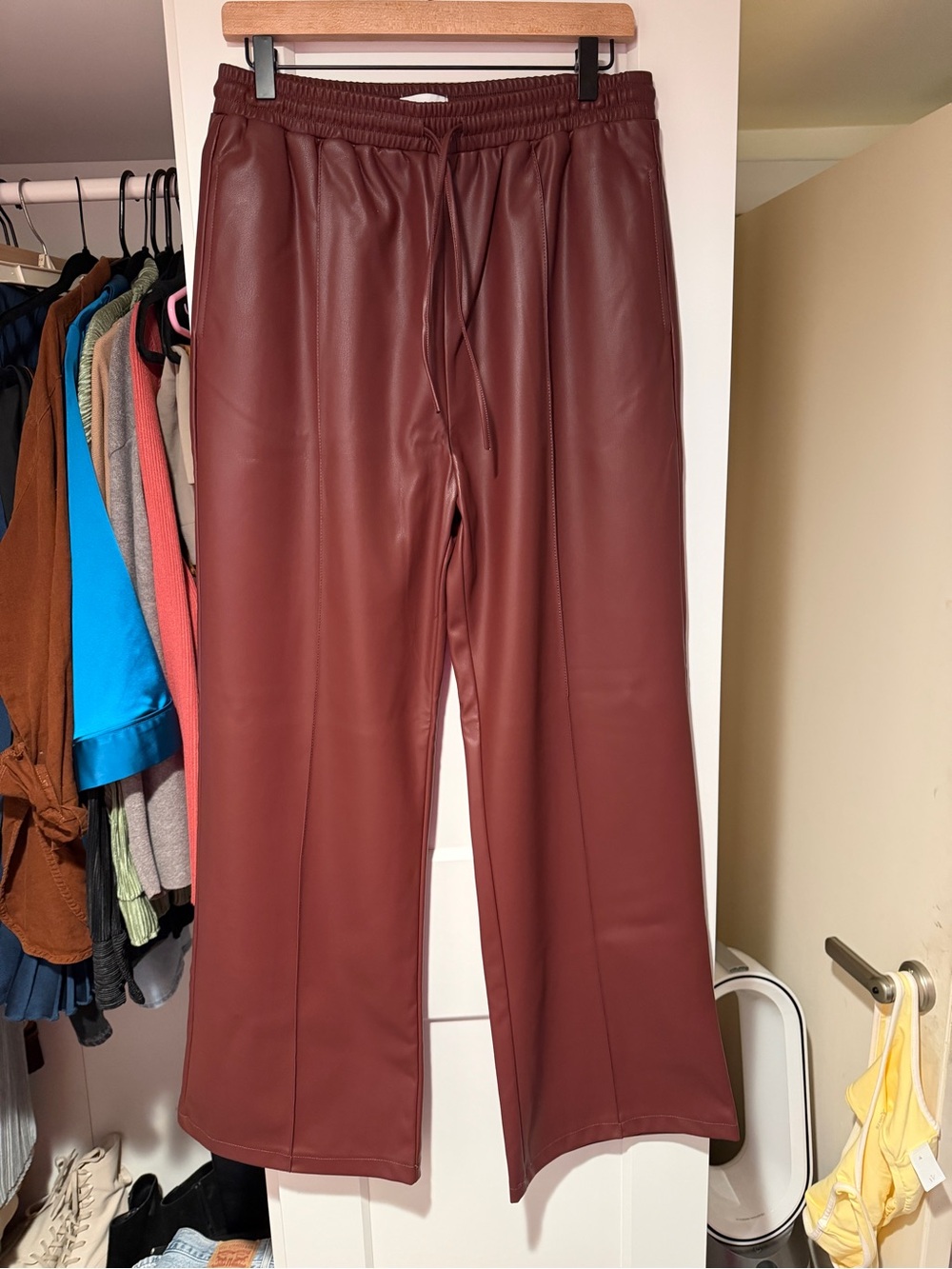 Topshop Faux Leather Wide-Leg Pants in Burgundy